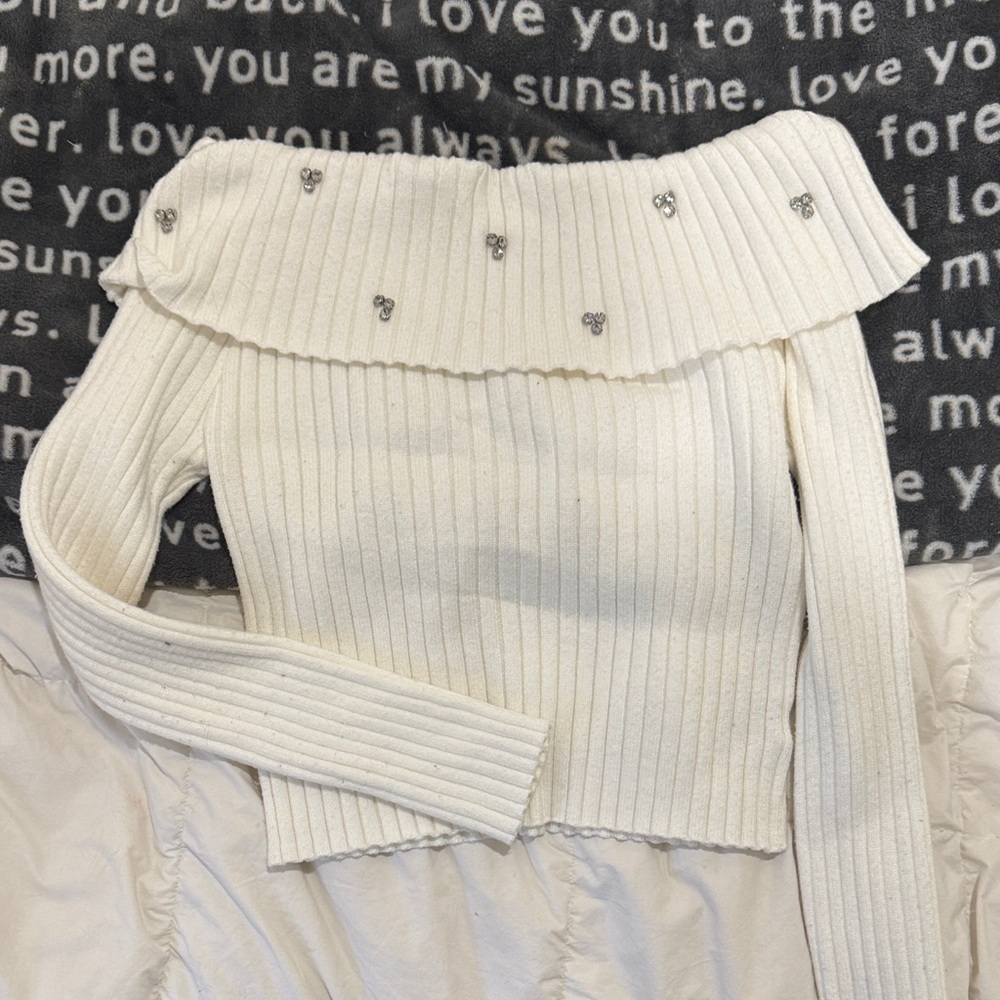 Sweet Rain Off-Shoulder White Sweater with Embellishments